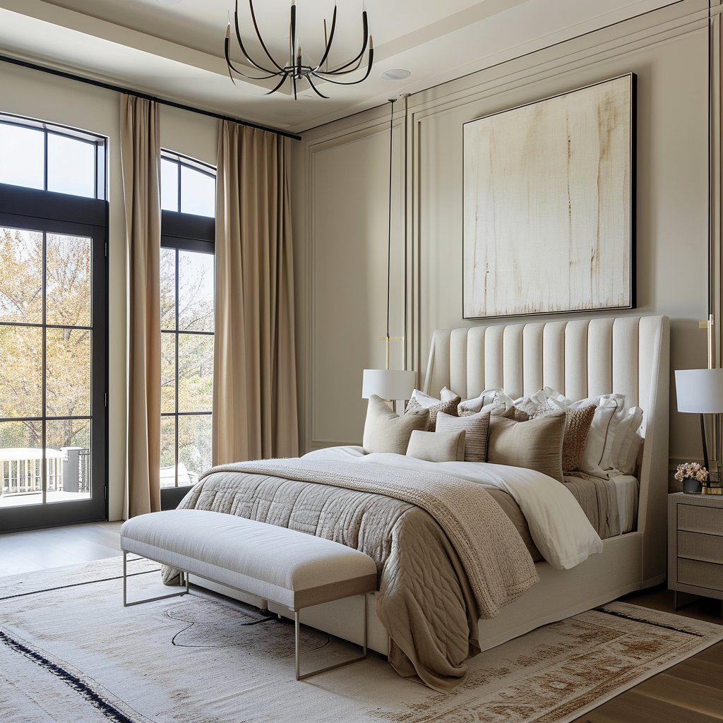 Staged bedroom with a tall upholstered bed, neutral bedding, and a bench beside tall curtained windows.