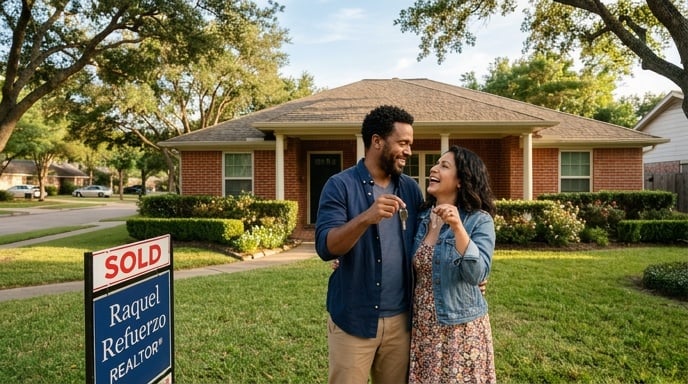Couple holding house keys in front of a sold Houston suburban home "SOLD / Raquel Refuerzo REALTOR®" sign