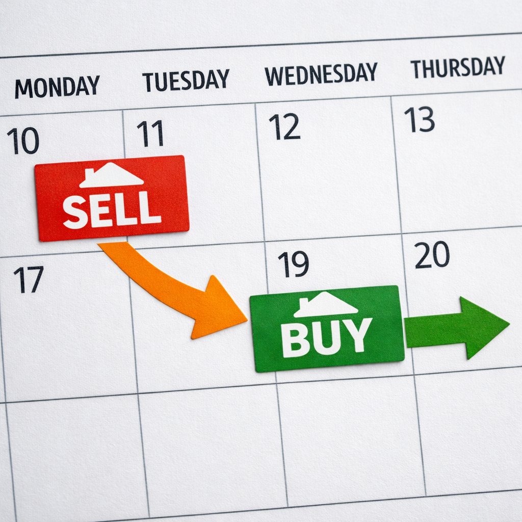 Calendar showing sell and buy timeline with arrows representing selling a home before purchasing another