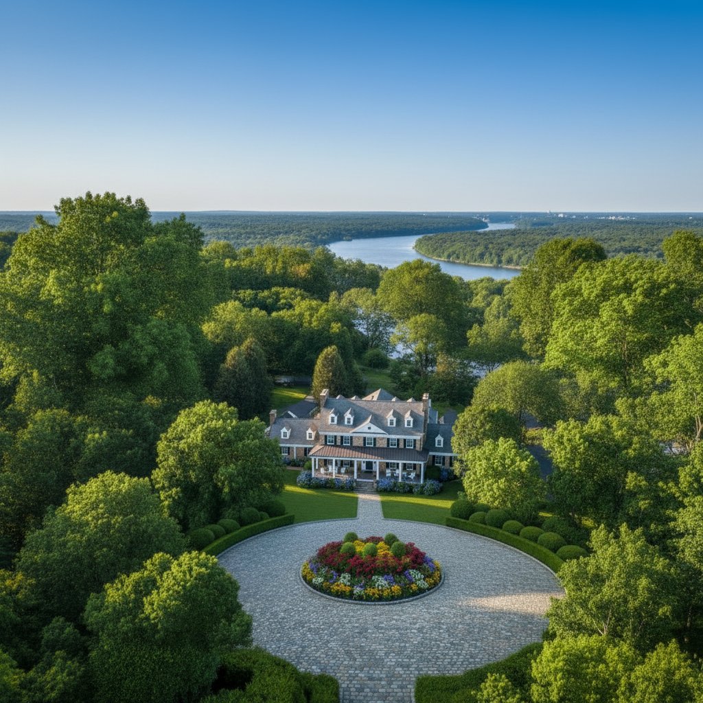 A colonial-style home with a cobblestone circular driveway, set on a property overlooking a winding river, surrounded by lush greenery