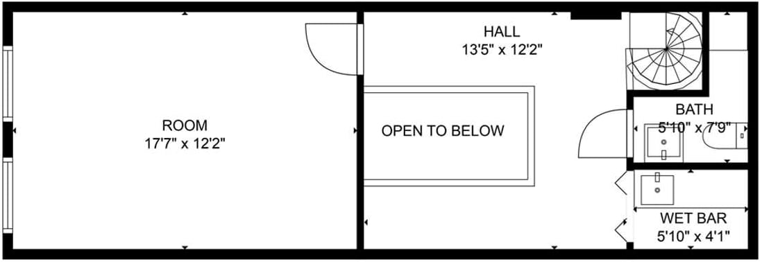 Office floor plan with a large room, hall, open-to-below area, bathroom, wet bar, and spiral staircase.