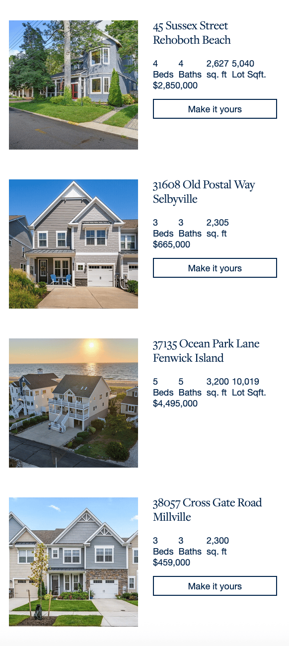 Four Delaware property listings with home photos, addresses, details, and prices.