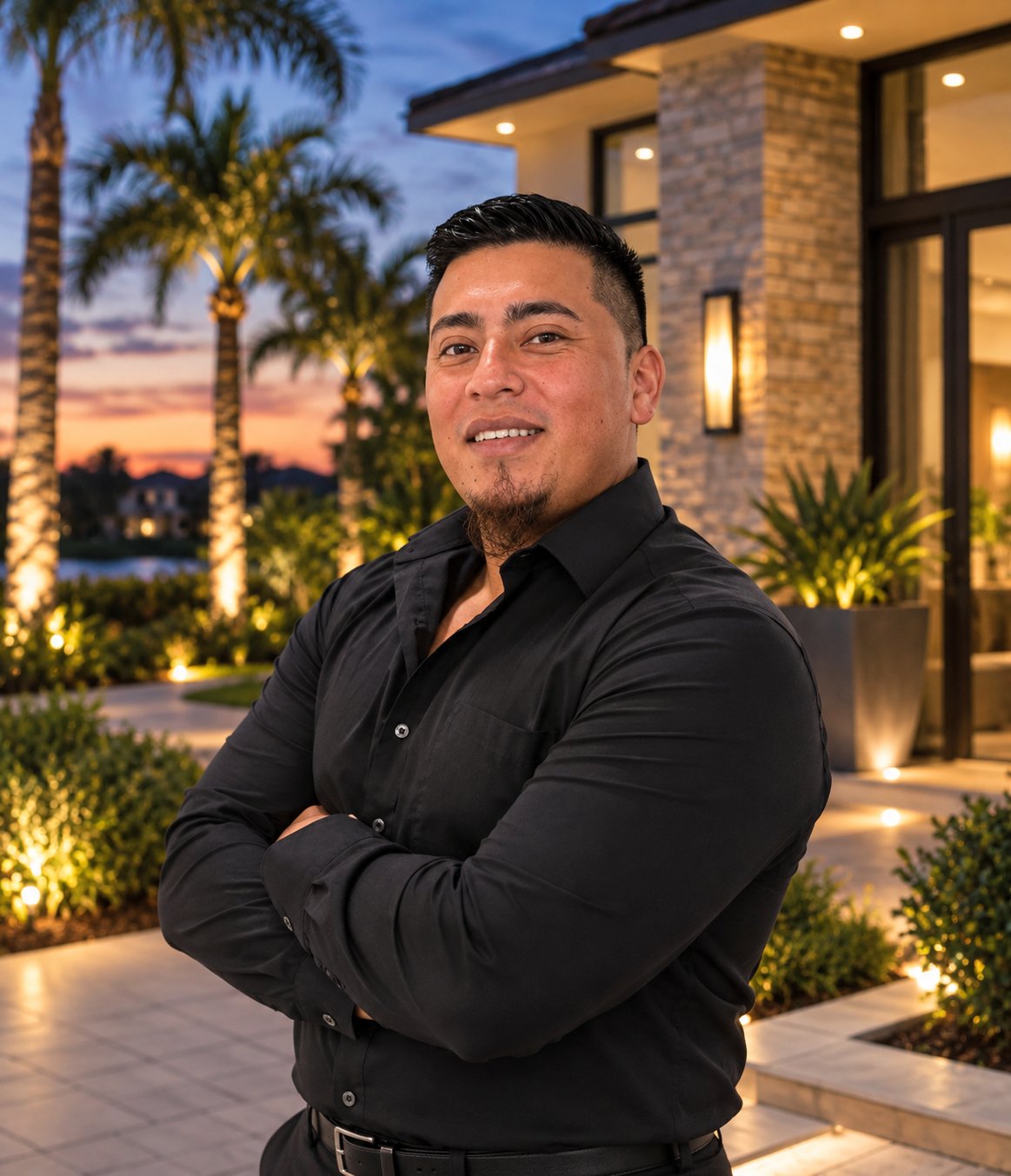 Danny Hernandez stands with arms crossed outside a modern home at dusk.