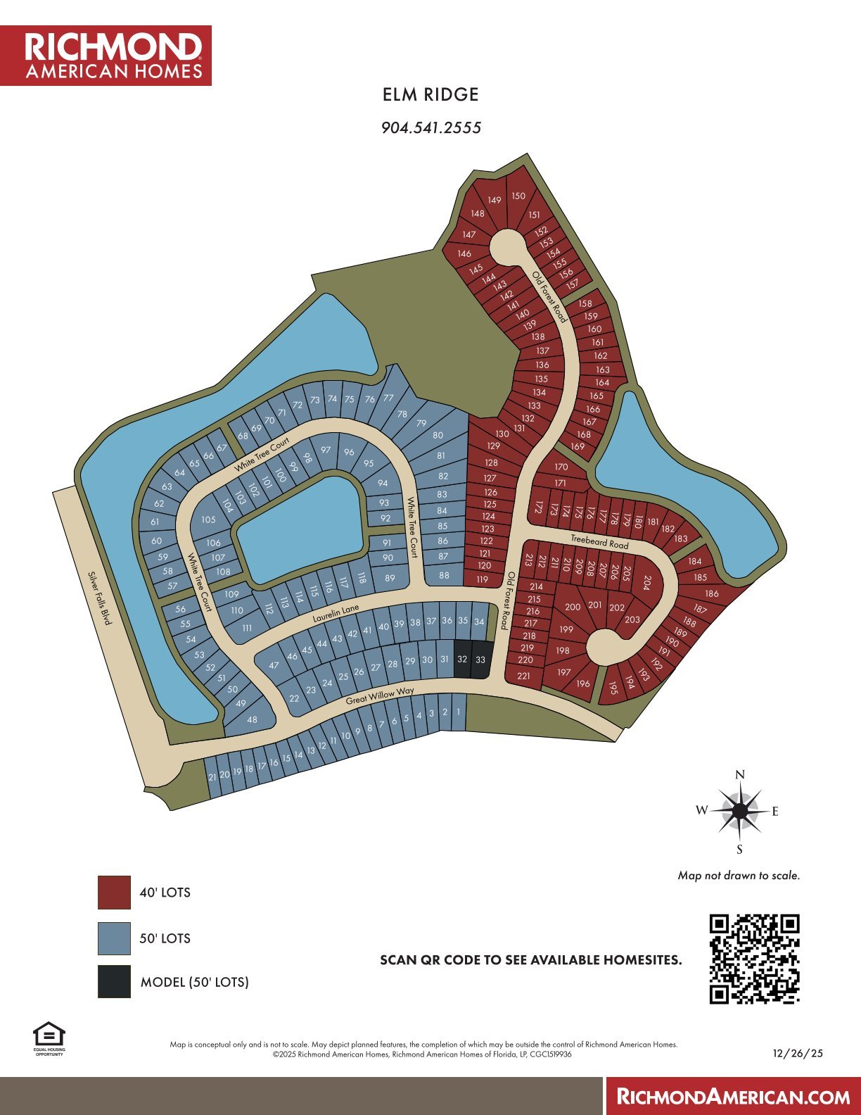 Elm Ridge Silverleaf site map with numbered homesites, ponds, street names, and color-coded lot sizes.