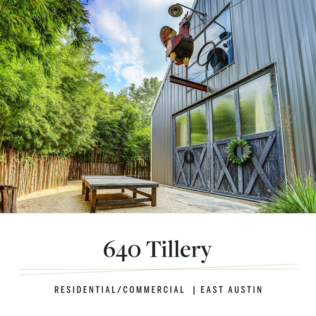 Artist-built metal-clad building at 640 Tillery Street in East Austin, with glass overhead doors opening to a bamboo-screened courtyard.