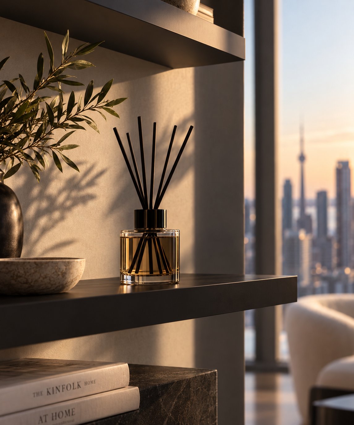 Styled shelf with a reed diffuser and leafy branches, overlooking the Toronto skyline at golden hour.
