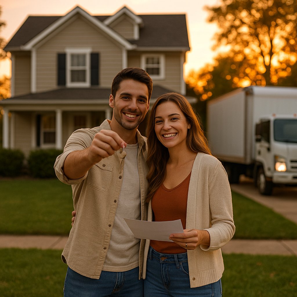 Smiling young couple holding house keys in front of their new Bergen County home at sunset, symbolizing successful first-time home purchase in Northern New Jersey.