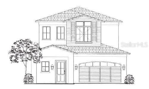 Two-story house elevation with a gabled roof, upper windows, and an attached double garage.
