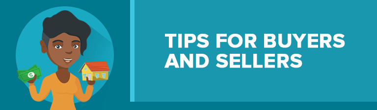 Tips for buyers and sellers, illustrated with a woman holding cash and a small house.