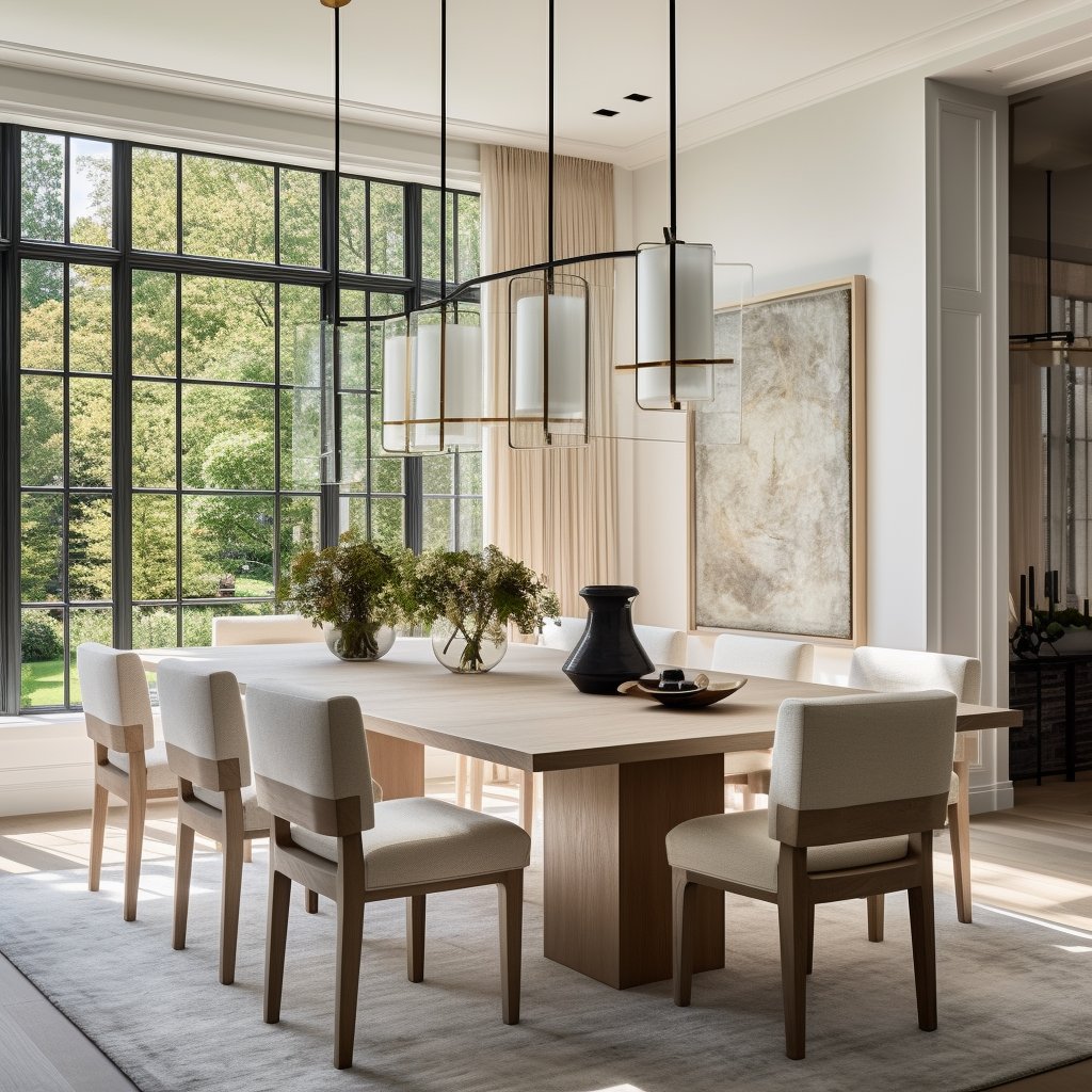 Dining room with a long wood table, upholstered chairs, and large windows overlooking trees.