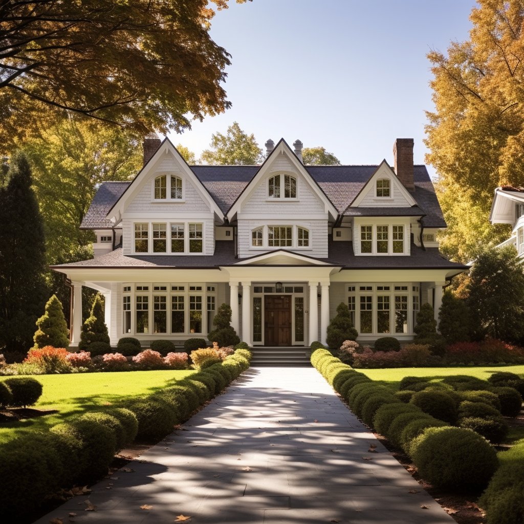 White house with three front gables, a covered porch, and a hedge-lined walkway.