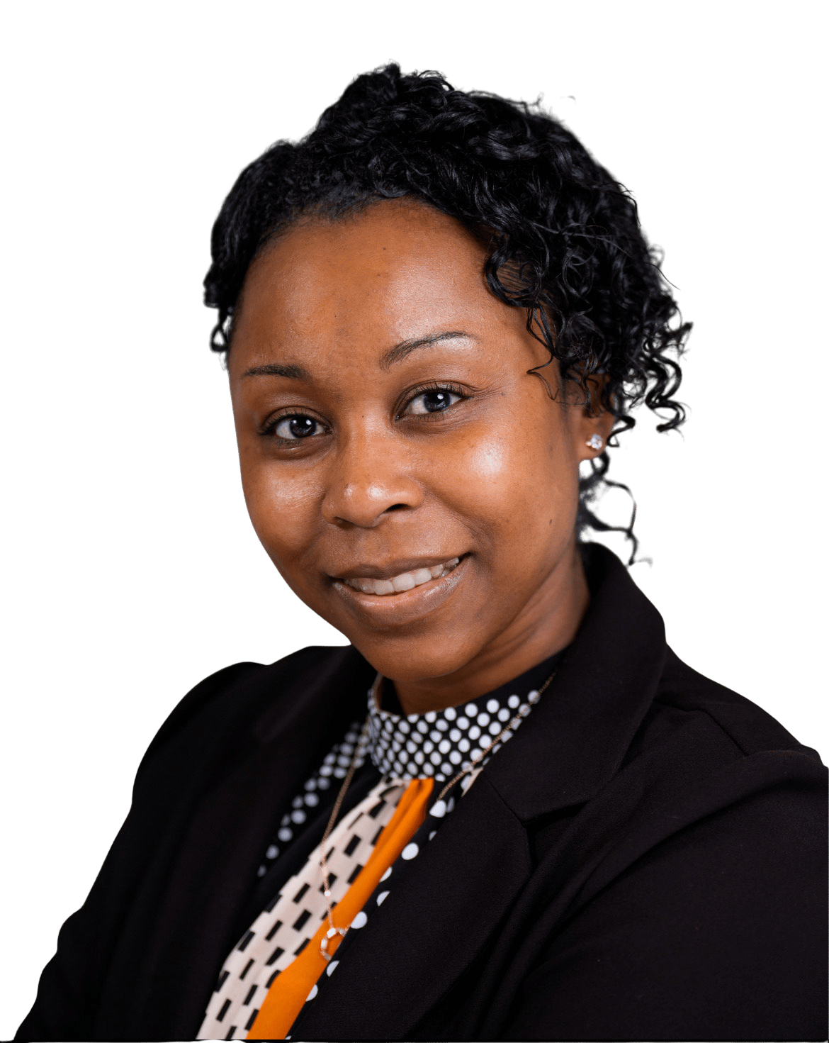Shaterika Winston wearing a black blazer and patterned blouse with an orange accent.
