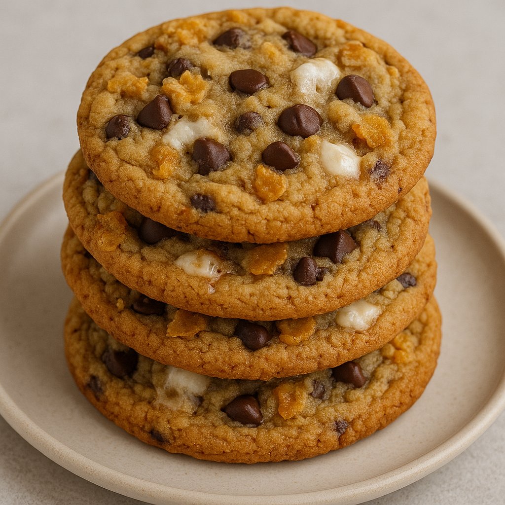Cornflake chocolate chip marshmallow cookies stacked on a plate with visible marshmallow and cornflake bits.