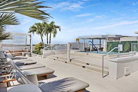 Rooftop pool deck with lounge chairs, glass railings, and palm trees.