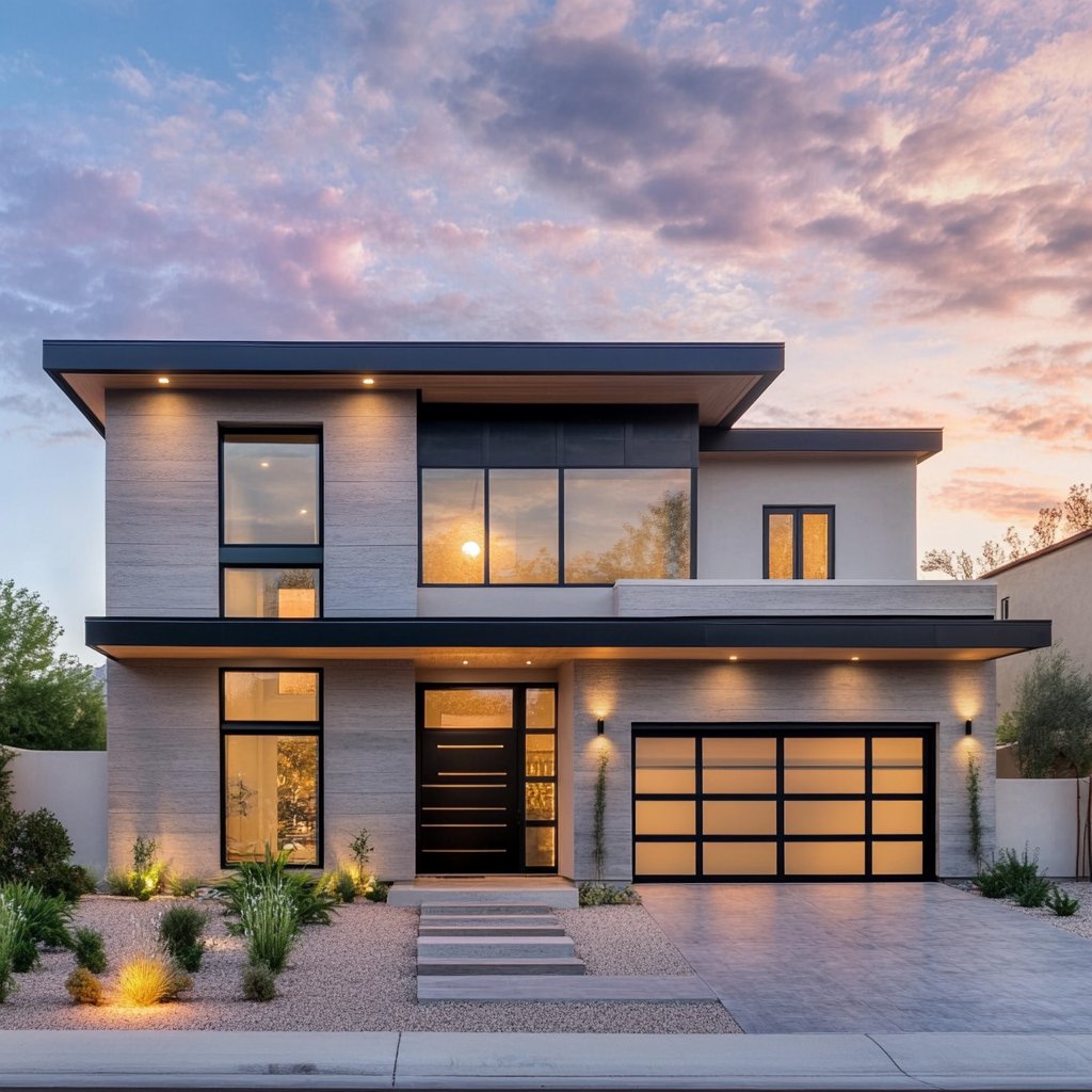 Modern two-story home with expansive windows and a two-car garage at sunset.