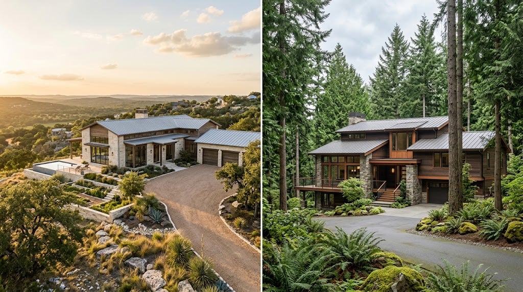 Two luxury homes: a stone-and-stucco hillside house at sunset and a wood home among evergreens.