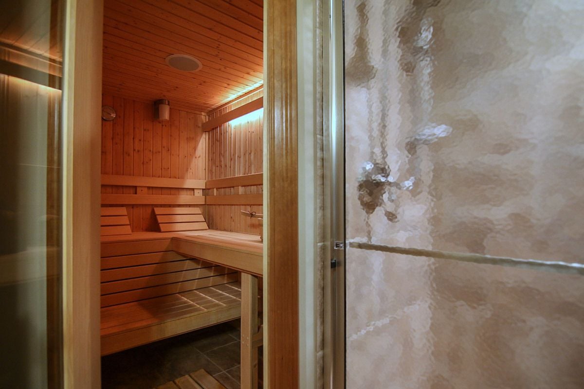 Wood-paneled sauna with tiered benches and a glass door beside a textured stone wall.