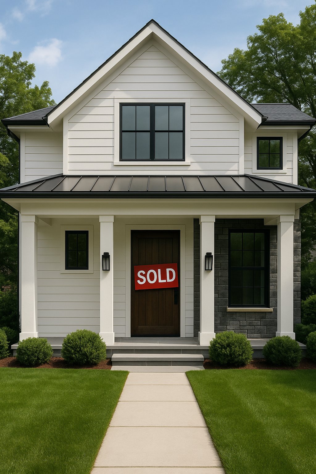 Modern two-story Connecticut home with white siding, dark gray stone accents, black-framed windows, and a wooden front door displaying a red “SOLD” sign, surrounded by lush green landscaping.