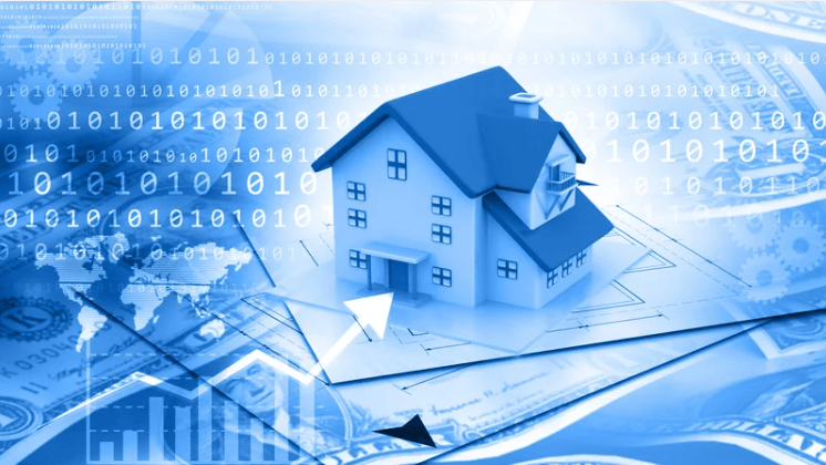House on architectural plans surrounded by binary digits, charts, and a world map.