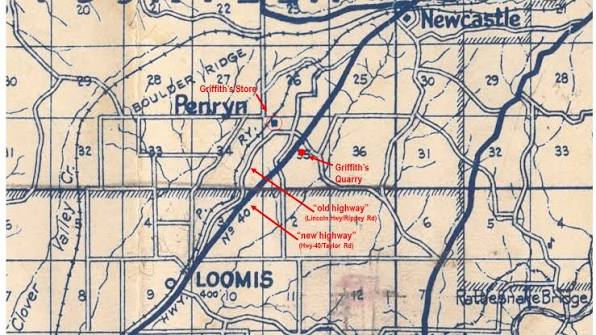 Historical map of Loomis, Penryn, and Newcastle with red annotations marking local landmarks and highways.