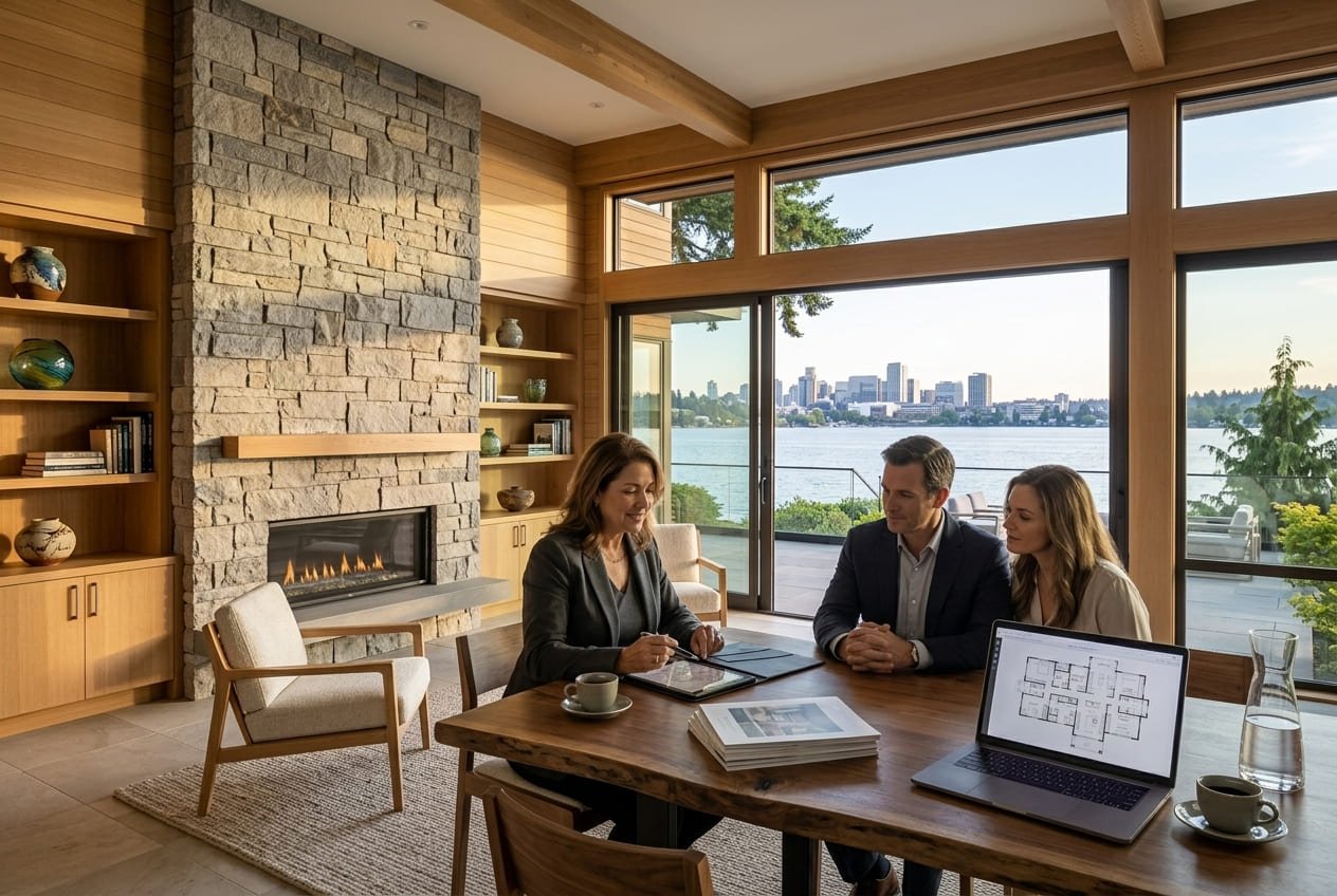 Luxury home buyers reviewing an offer strategy with a real estate advisor