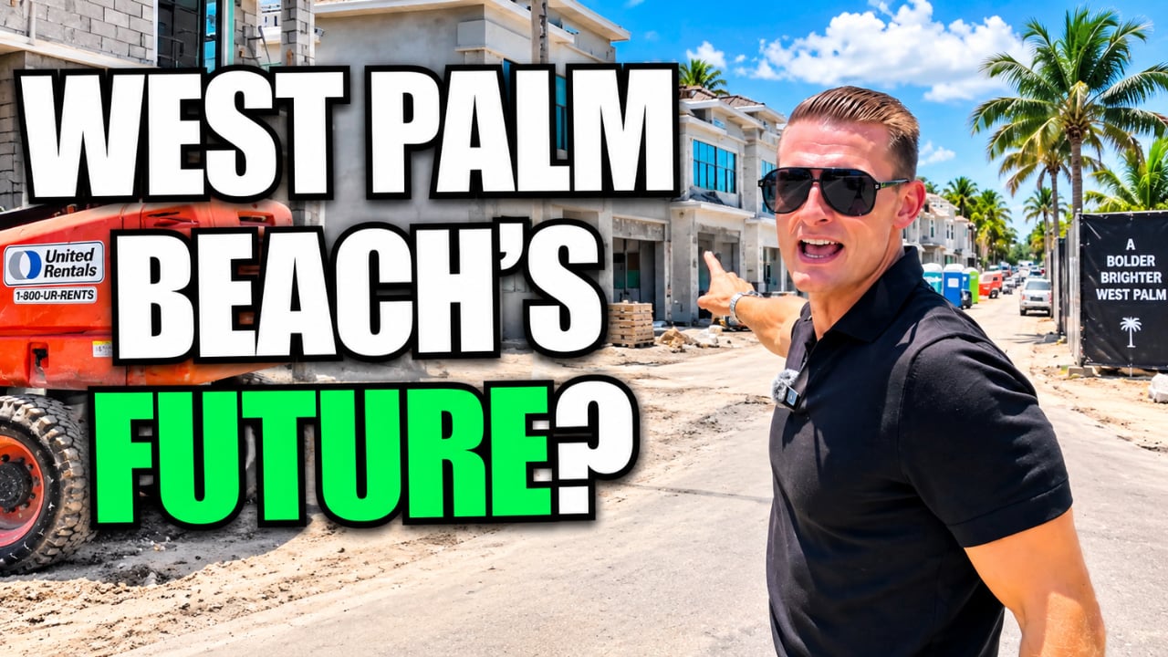 West Palm Beach construction site with a man pointing toward new buildings beneath the words “West Palm Beach's Future?”