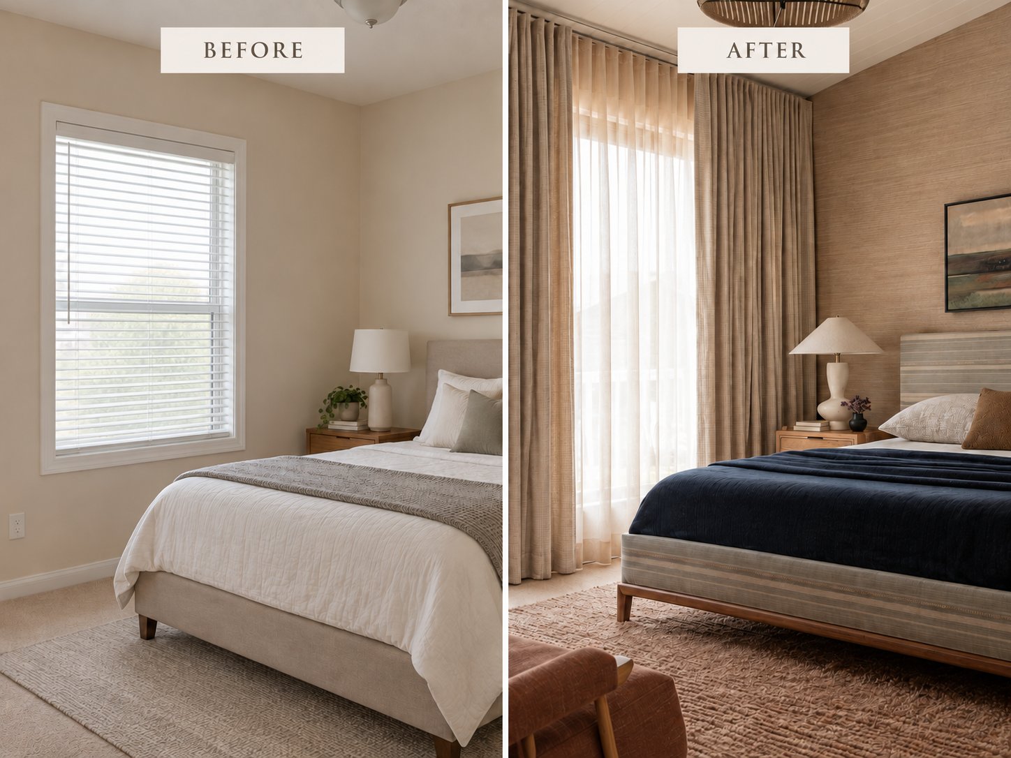 Bedroom before and after, upgraded with floor-to-ceiling curtains, textured walls, and layered navy bedding.