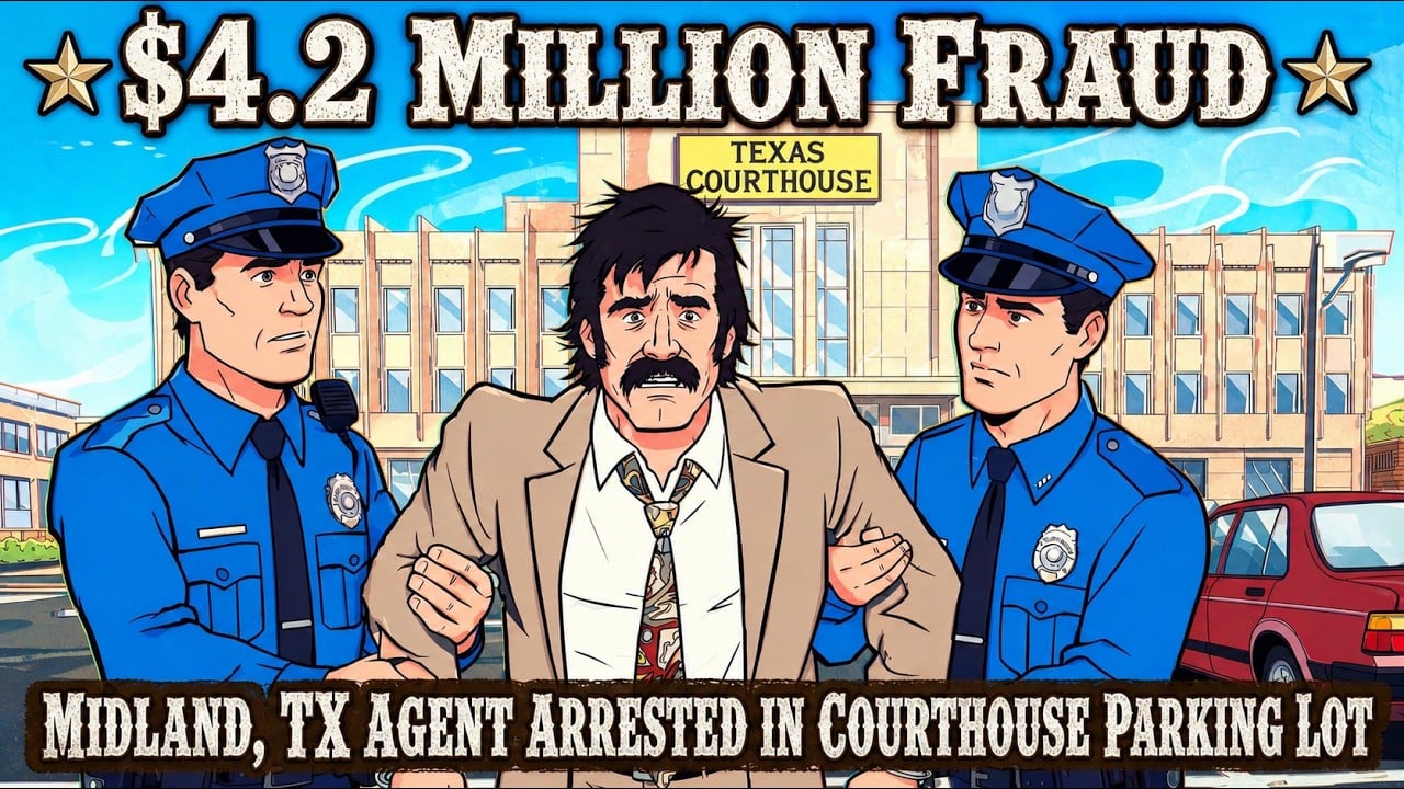 Illustrated scene of a real estate agent being escorted by two police officers outside a Texas courthouse, referencing a fraud arrest case involving millions of dollars.