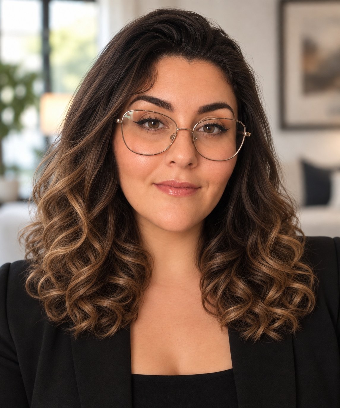 Trinity Veil, a real estate agent, wearing glasses and a black blazer.