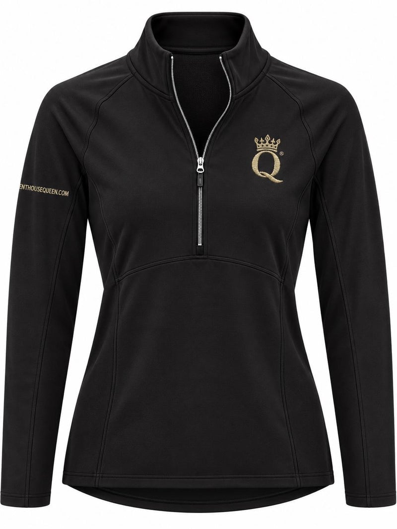 Black quarter-zip pullover with a gold crown-and-Q chest emblem and Penthouse Queen website on the sleeve.