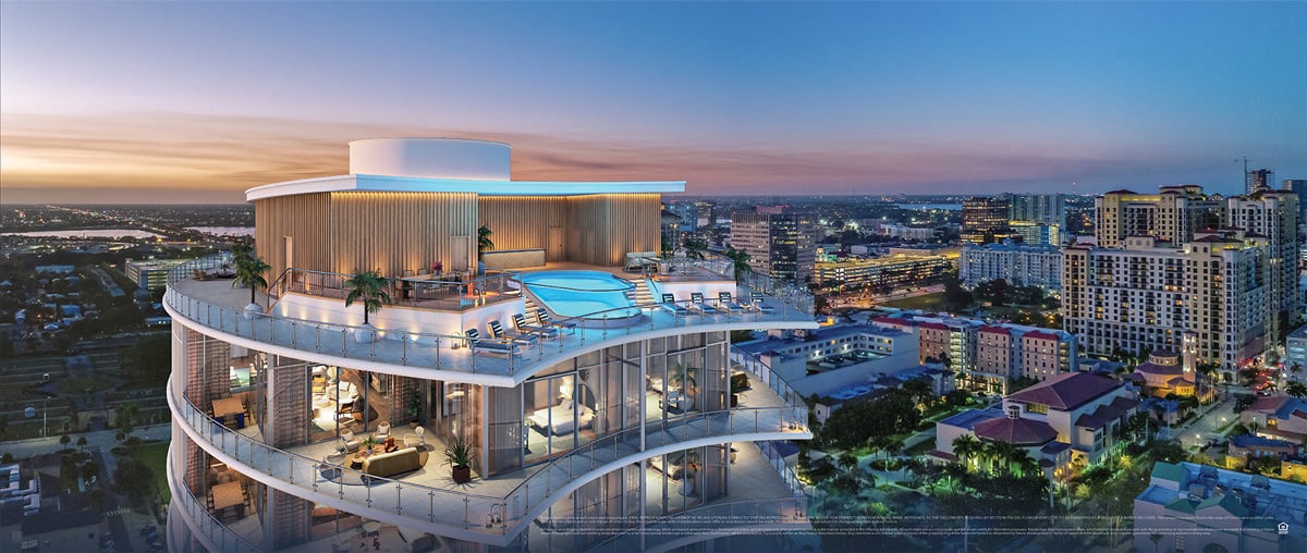 Dusk rendering of the Forté on Flagler penthouse rooftop pool and terraces above West Palm Beach.