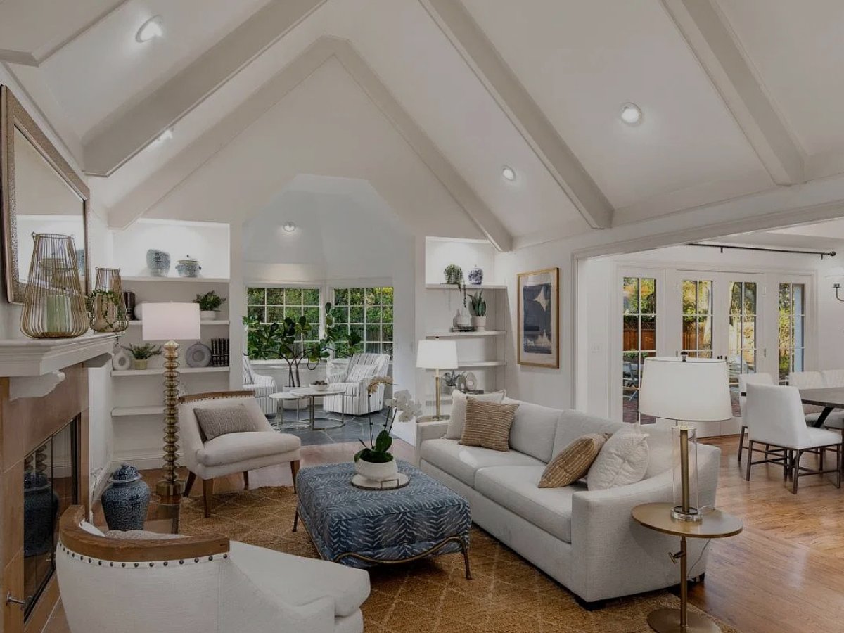 Bright living room with vaulted ceilings at 845 Magnolia Street in Menlo Park.