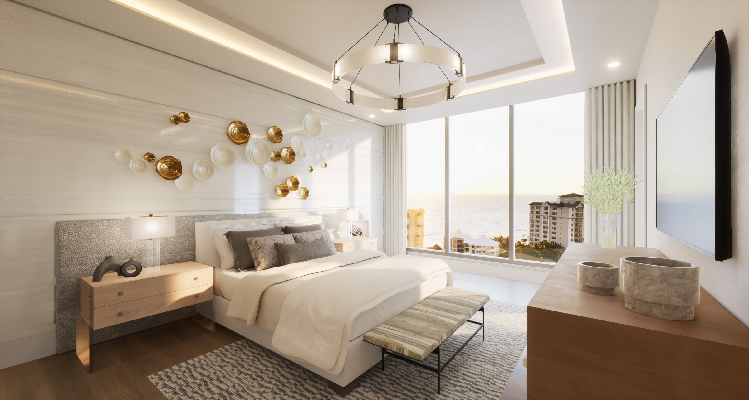 Rendering of a master bedroom with water views at The Ritz-Carlton Residences, Naples