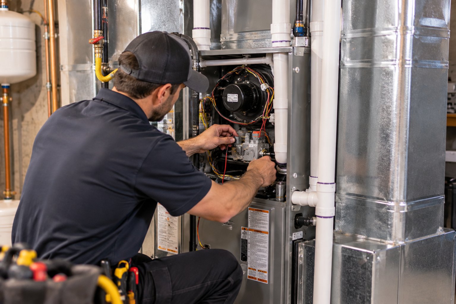 HVAC technician repairing an open furnace among exposed pipes and ductwork.