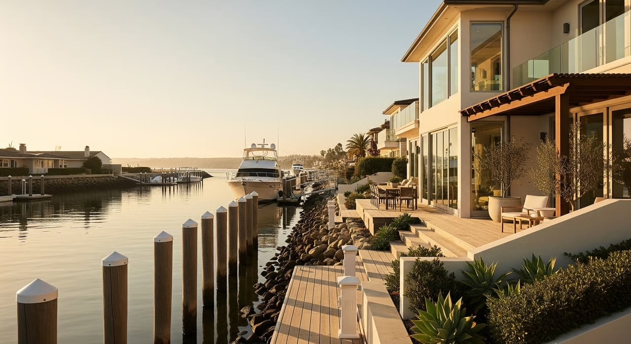 Waterfront home in Newport Beach, California with a private dock, boat slip, and concrete bulkhead seawall along the bay