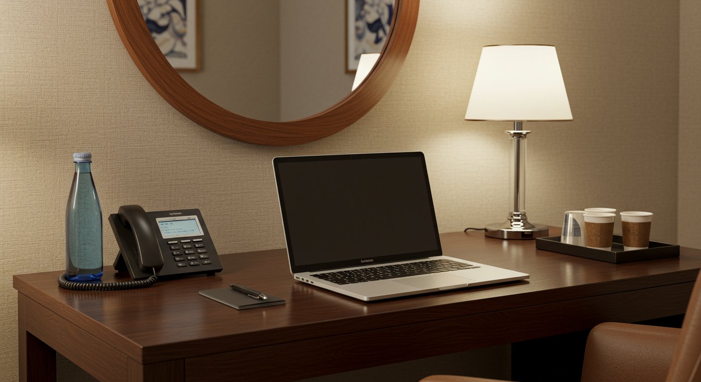 Desk in a hotel room with a Macbook, water bottle, phone, lamp and coffee cups on it