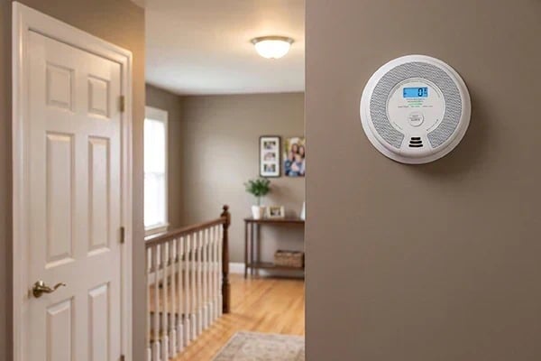 A carbon monoxide alarm mounted on a hallway wall outside the bedrooms