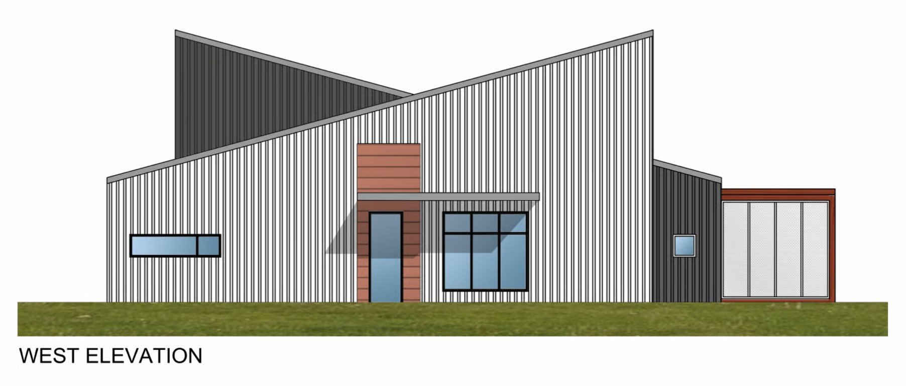 West elevation drawing of a modern home with sloping rooflines, metal siding, wood accents, and large windows.