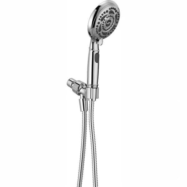 Chrome handheld showerhead with a round spray head and flexible metal hose.