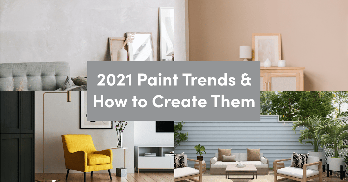 2021 paint trends graphic with living room interiors and a furnished outdoor patio.