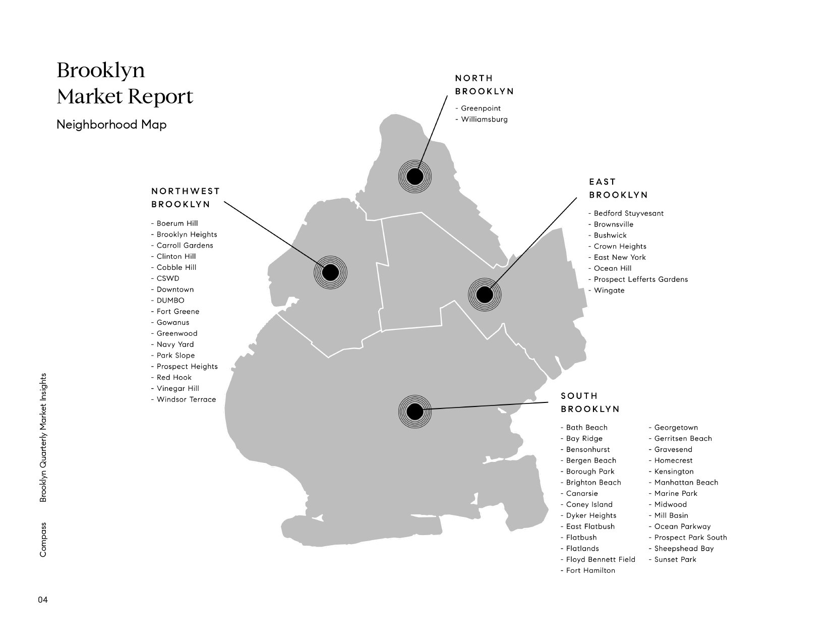 Brooklyn neighborhood map grouping communities into North, Northwest, East, and South Brooklyn regions.