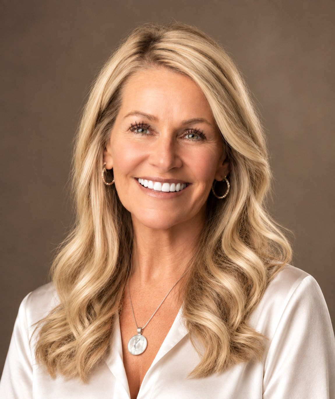 Connie Manailovich, smiling real estate agent with long blonde hair and a white blouse.