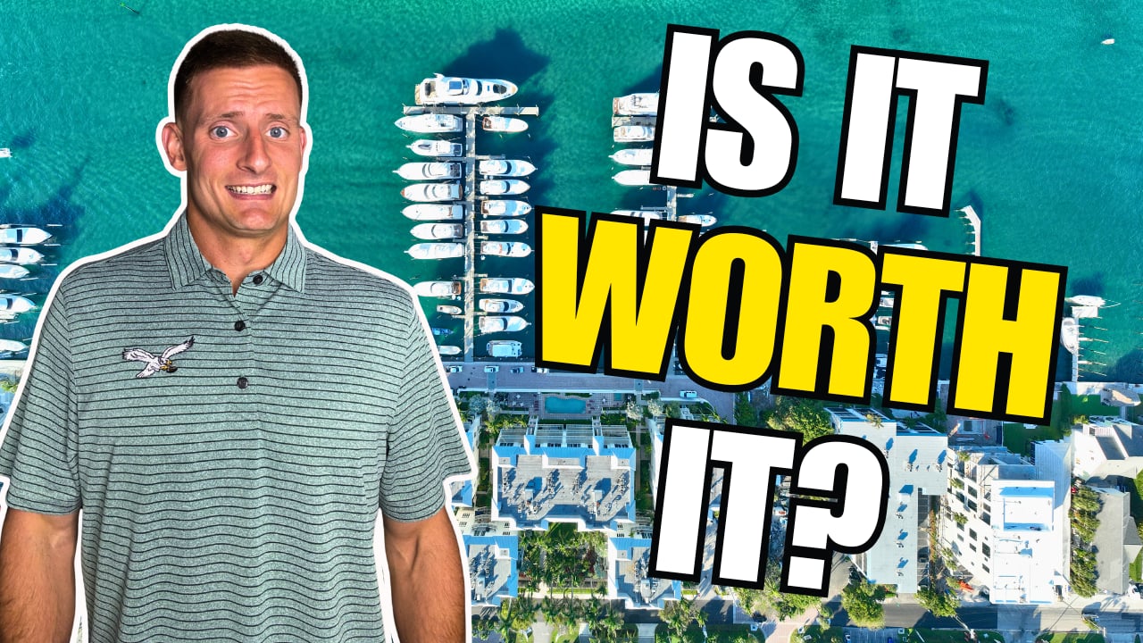 Man over an aerial view of waterfront buildings and a marina beside the headline “Is it worth it?”