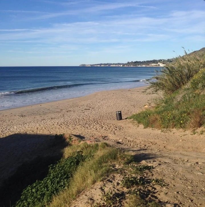 Sandy beach and blue ocean with coastal homes in the distance.