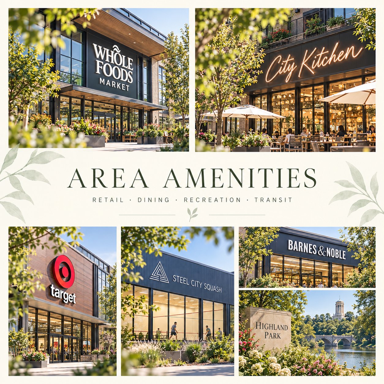 Area amenities collage featuring retail, dining, recreation, and transit.