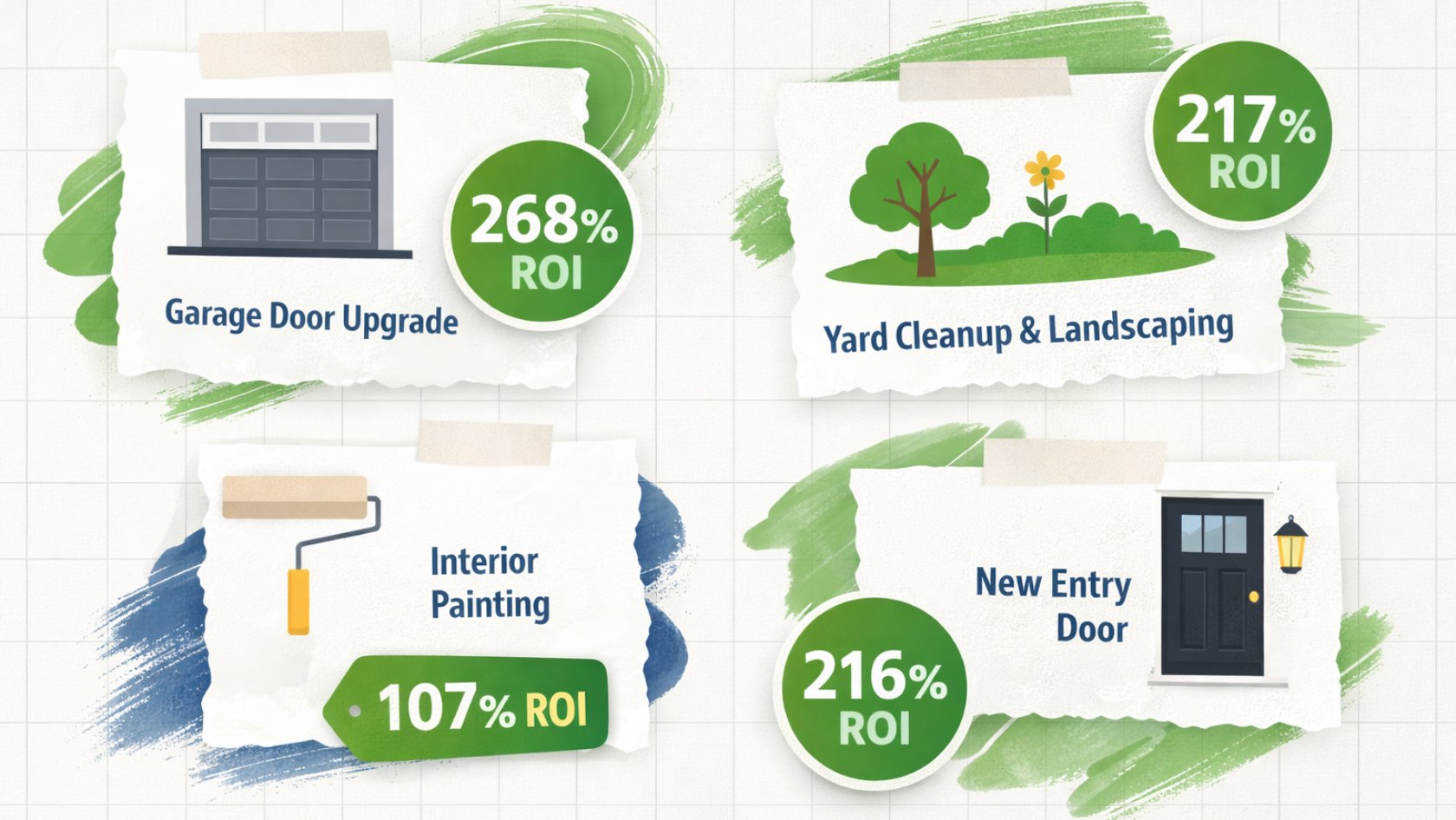A infographic showing top pre-listing updates: Garage Door (268% ROI), Yard Cleanup (217% ROI), Entry Door (216% ROI), and Paint (107% ROI).