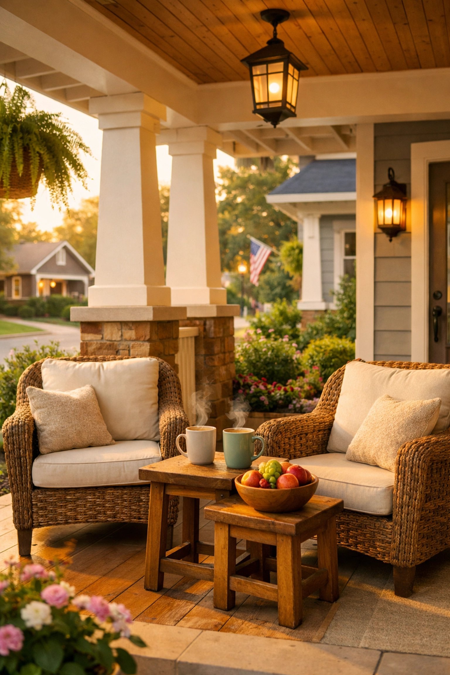 Front porch with wicker seating, steaming mugs, and flowers in warm evening light.