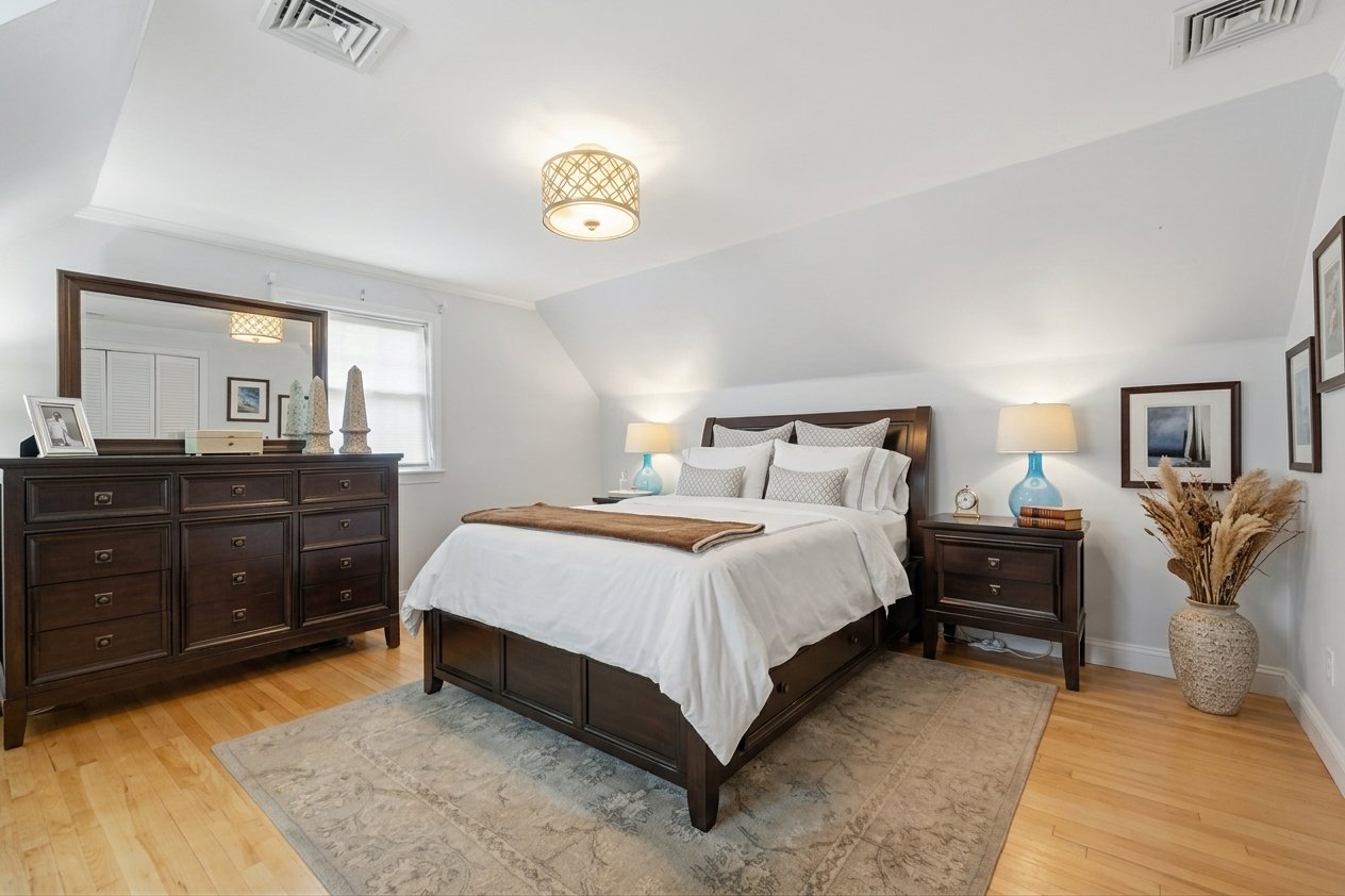 Furnished bedroom with a dark wood bed, white bedding, sloped ceiling, and hardwood floors.