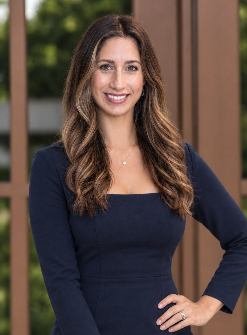 Trish Pater smiles in a navy dress, standing with one hand on her hip outdoors.