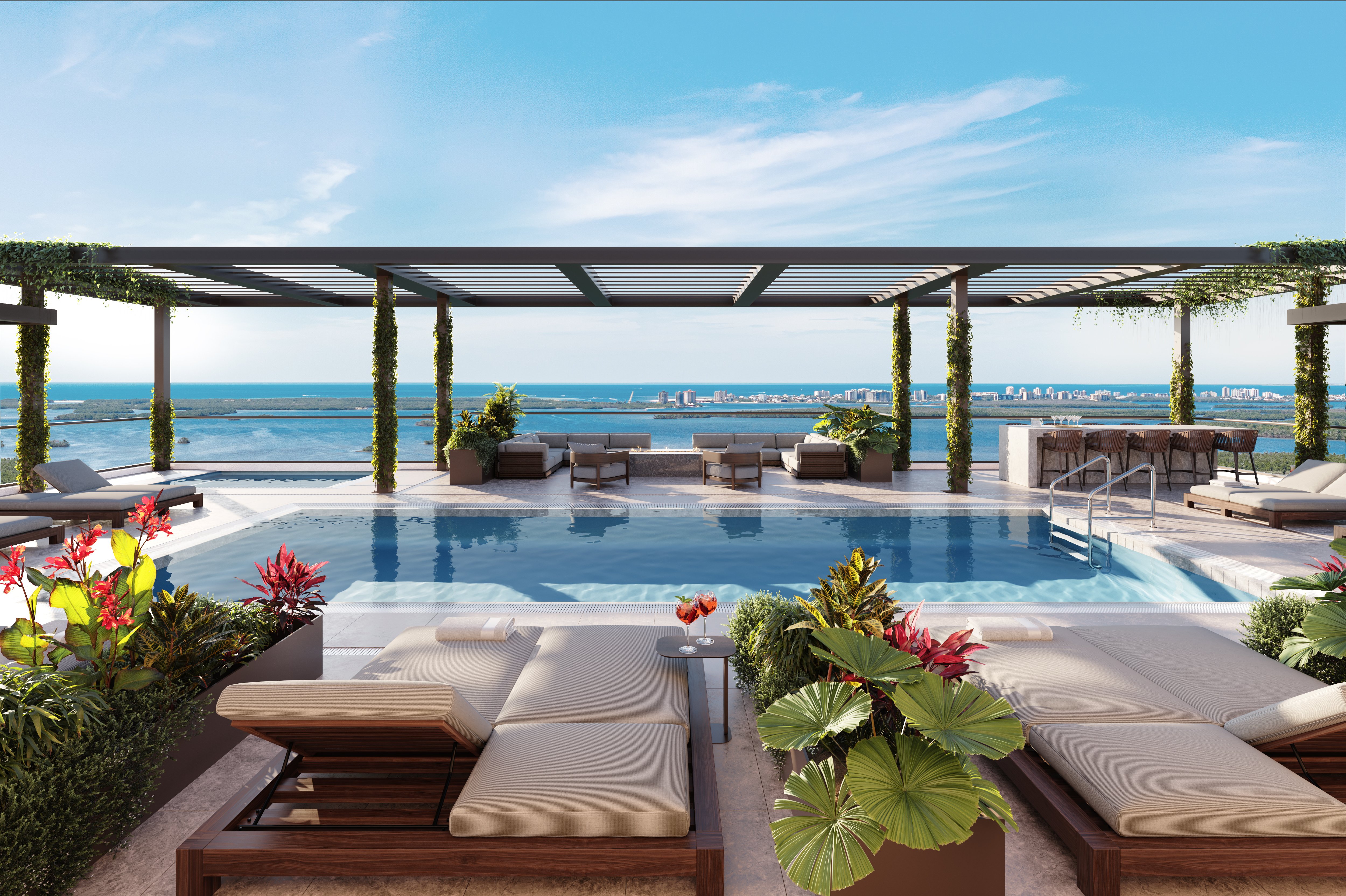 Rendering of the 24th-floor rooftop pool at The Island at West Bay Club overlooking Estero Bay